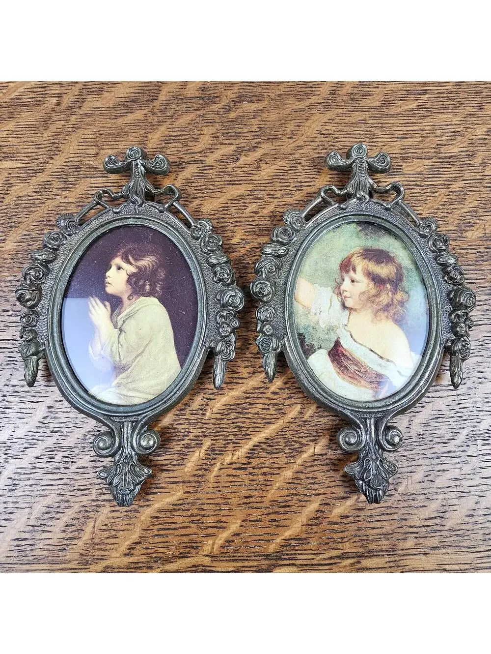 Vintage Italian Child Portrait Wall Plaques Pair Ornate Cast Metal Frames - Picture 1 of 10